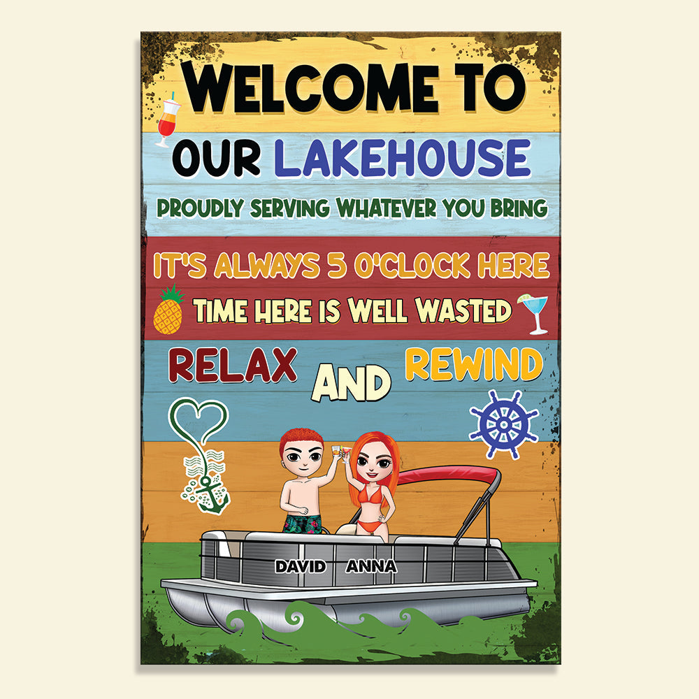 Personalized Pontoon Couple Metal Sign - Welcome To Our Lakehouse Relax And Rewind - Metal Wall Art - GoDuckee