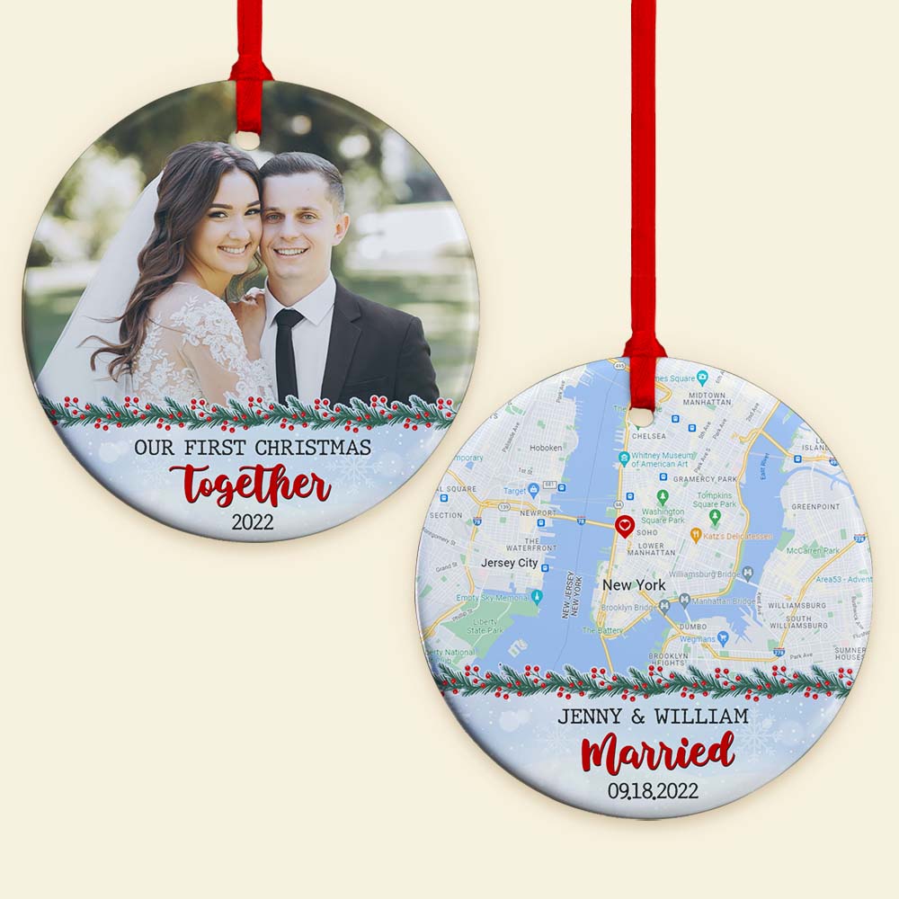 Couple Our First Christmas Together, Personalized Ceramic Ornament - Ornament - GoDuckee