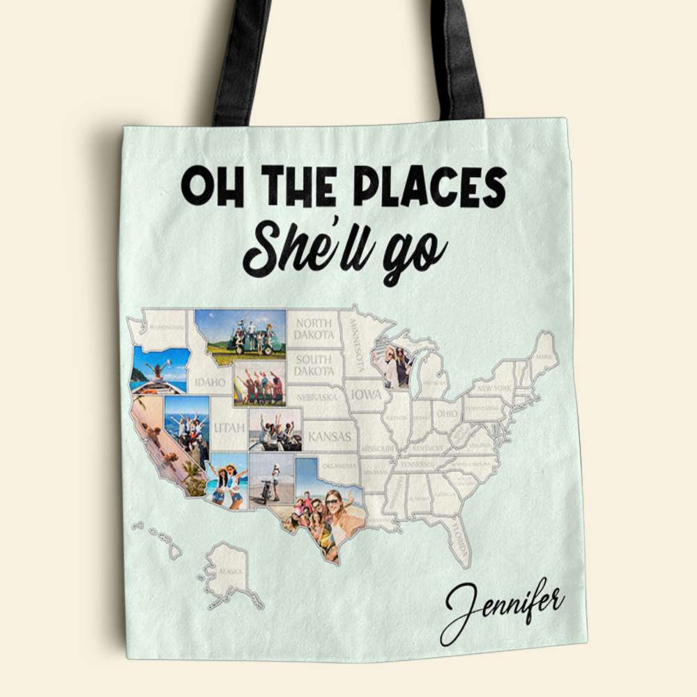 customized travel map tote bags Personalized Tote Bag Oh The Place She'll Go Travel Map