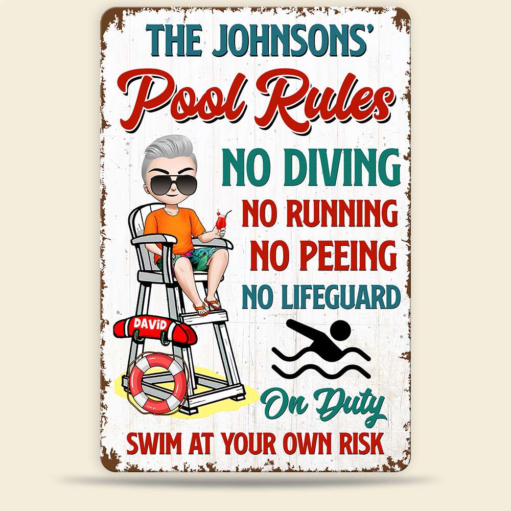 Pool Rules Swim At Your Own Risk Personalized Pool Metal Sign - Metal Wall Art - GoDuckee