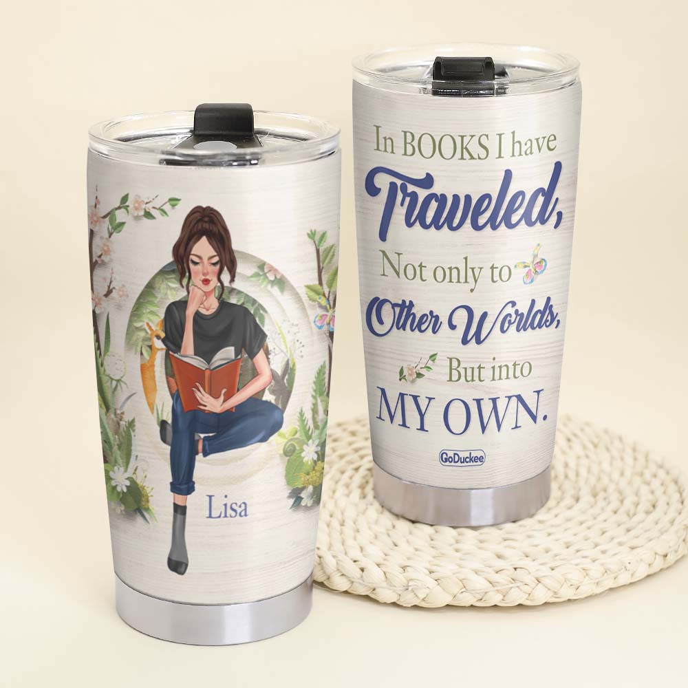 Reading Girl Travels To Her World In Books - Personalized Book Tumbler Gift For Book Lovers - Tumbler Cup - GoDuckee