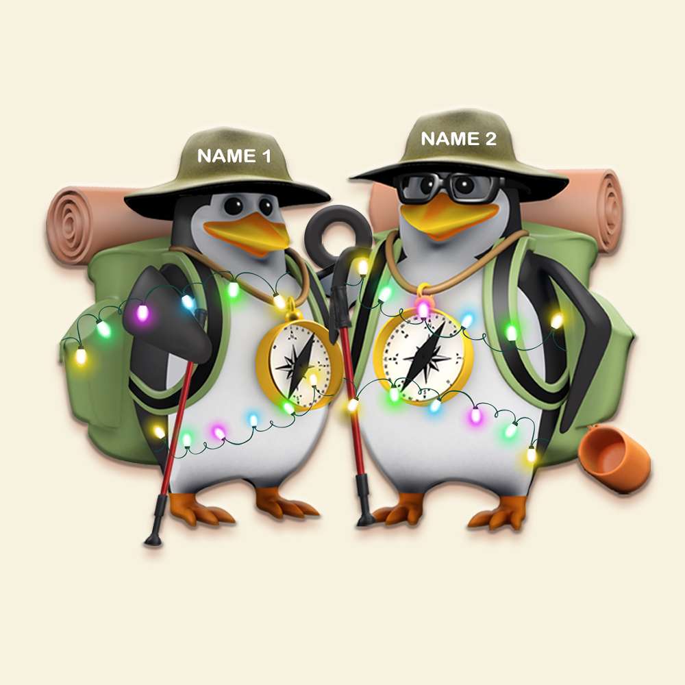 Hiking Penguins Couple Personalized Christmas Ornament, Cute Gift For Hiking Lovers - Ornament - GoDuckee