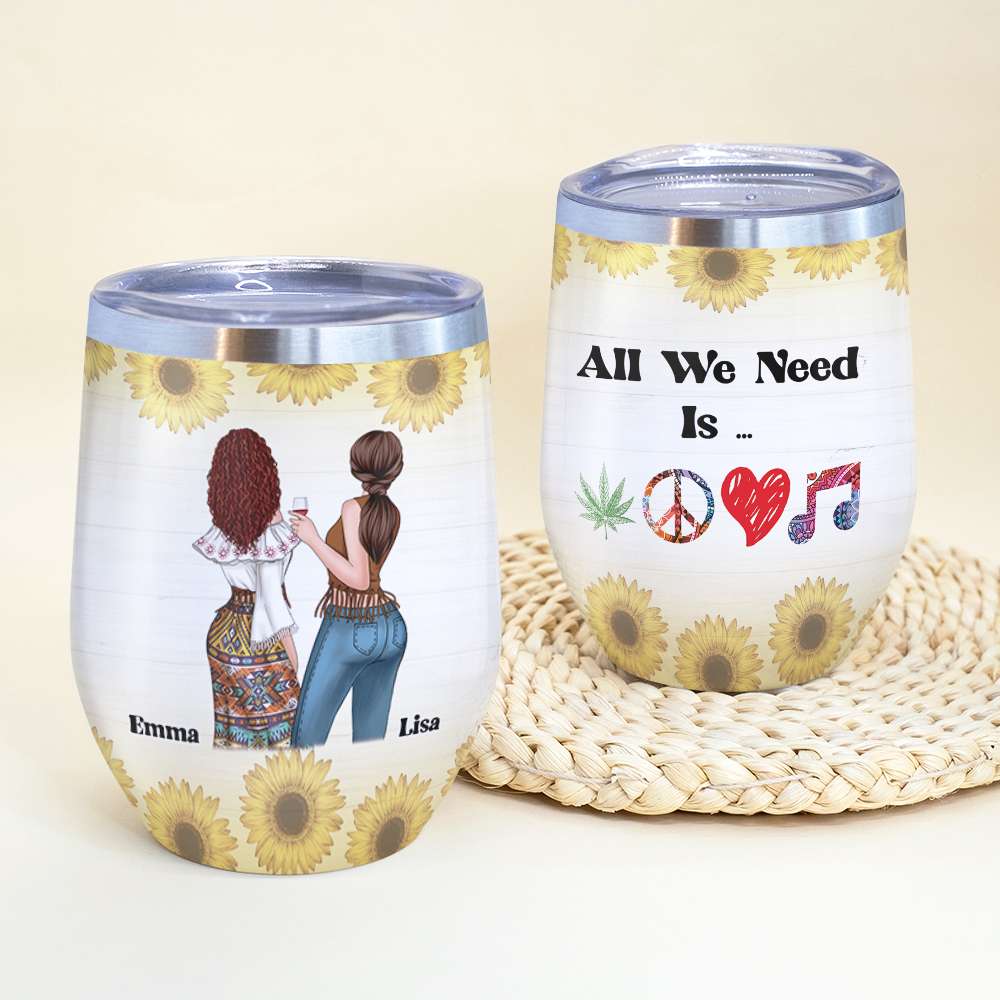 Personalized Hippie Bestie Wine Tumbler - All We Need Is Peace Love Mustic - Wine Tumbler - GoDuckee