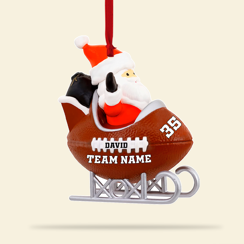 Santa Riding Football Ball Sleigh, Custom Shape Ornament Gift For Team Football - Ornament - GoDuckee