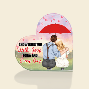 Showering You With Love Today And Every Day, Couple Umbrella Heart Shaped Acrylic Plaque - Decorative Plaques - GoDuckee