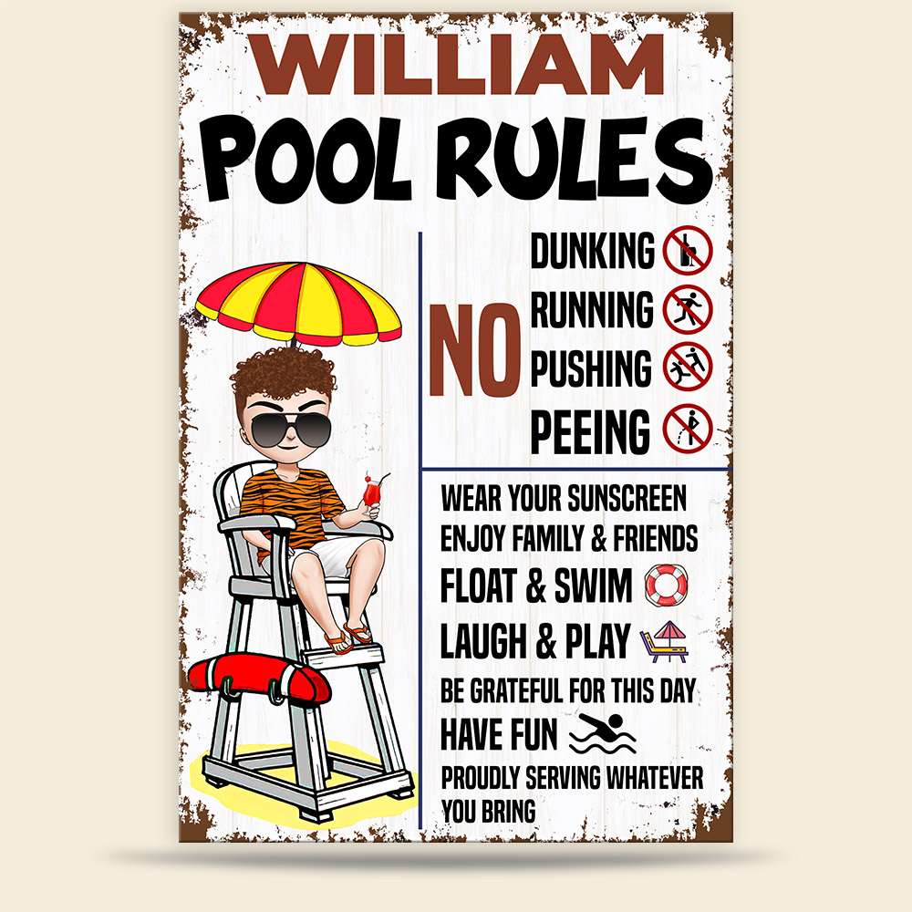 Pool Rules Personalized Pool Metal Sign Man Drinking - Metal Wall Art - GoDuckee