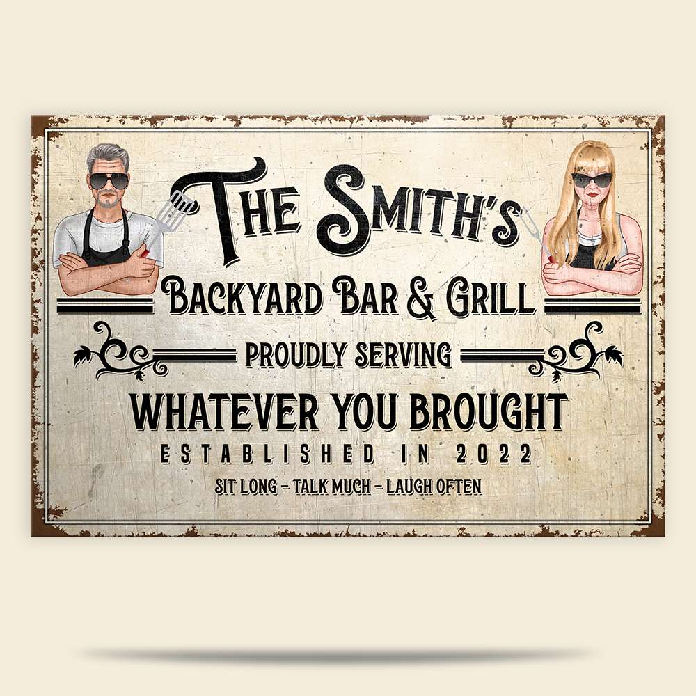 Personalized Couple Grilling Metal Sign Sit Long Talk More Laugh Often - Metal Wall Art - GoDuckee