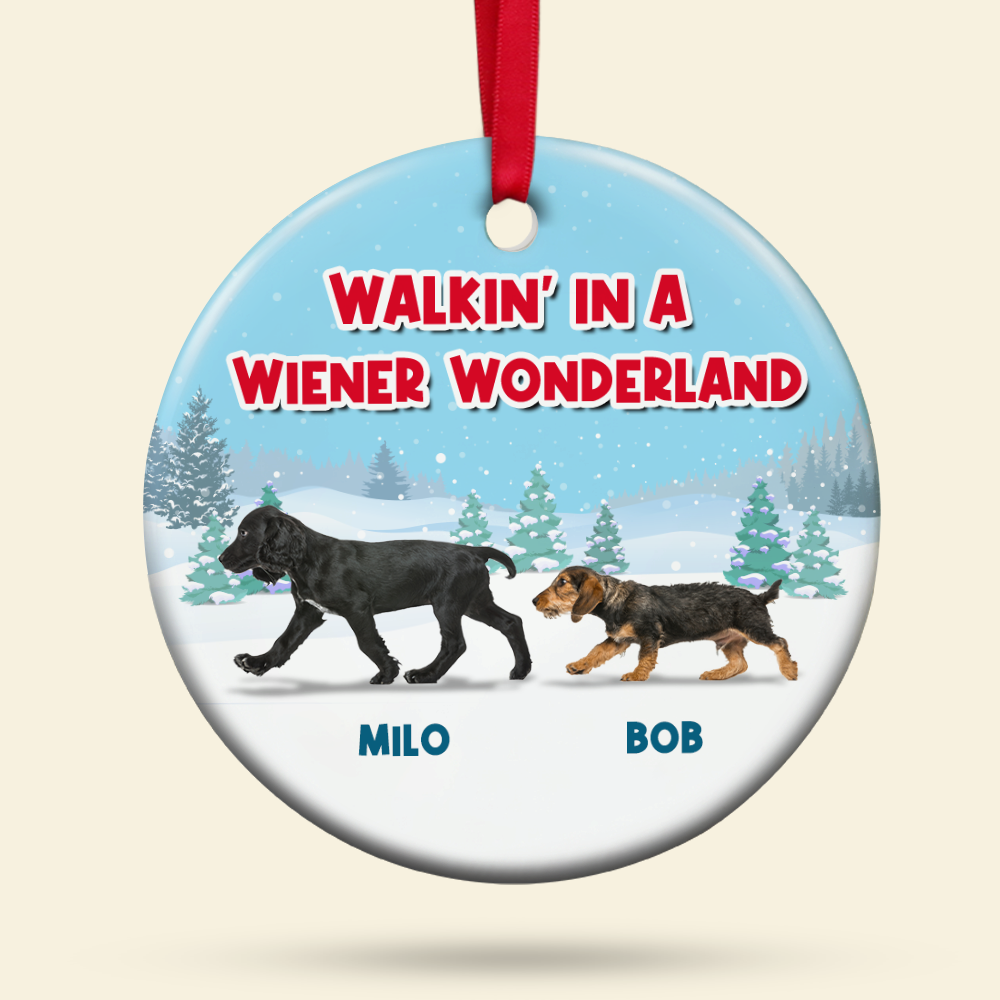 Dachshund Walking In A Wiener Wonderland, Personalized Ceramic Ornament - Ornament - GoDuckee