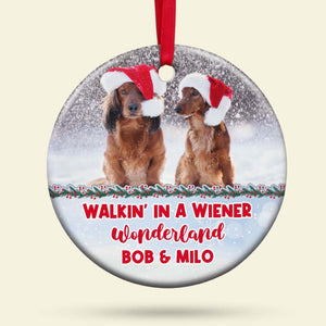 Dog Walking In Wiener Wonderland, Personalized Ceramic Circle Ornament - Ornament - GoDuckee