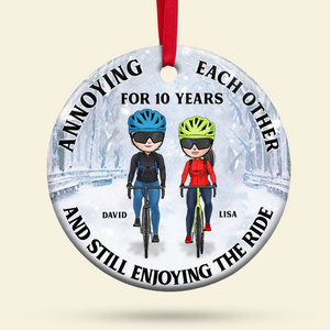 Cycling Couple Annoying Each Other For [Custom] Years And Still Enjoying The Ride Personalized Round Ceramic Ornament - Ornament - GoDuckee