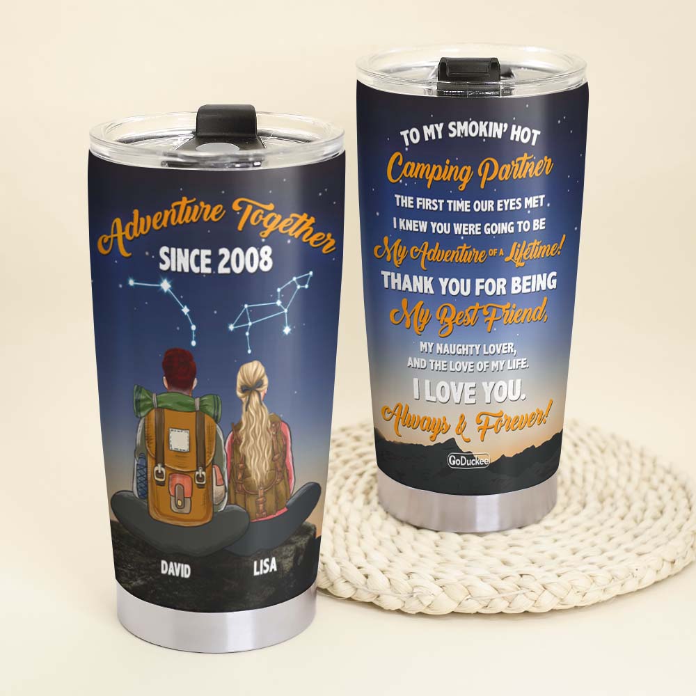 To My Smokin' Hot Camping Partner Personalized Camping Couple Tumbler Gift For Couple - Tumbler Cup - GoDuckee