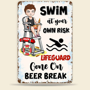Personalized Pool Metal Sign Swim At Your Own Risk Man Drinking - Metal Wall Art - GoDuckee