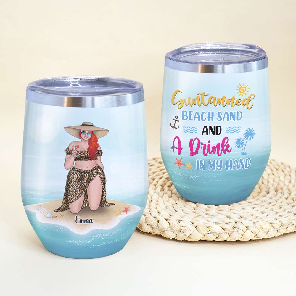 Personalized Bikini Girl Trip Wine Tumbler - Suntanned Beach Sand And A Drink In My Hand - Leopard Pattern - Wine Tumbler - GoDuckee