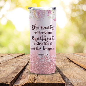 Personalized Skinny Tumbler For Teacher - She speaks with wisdom and faithful - proverbs 31:26 - Tumbler Cup - GoDuckee